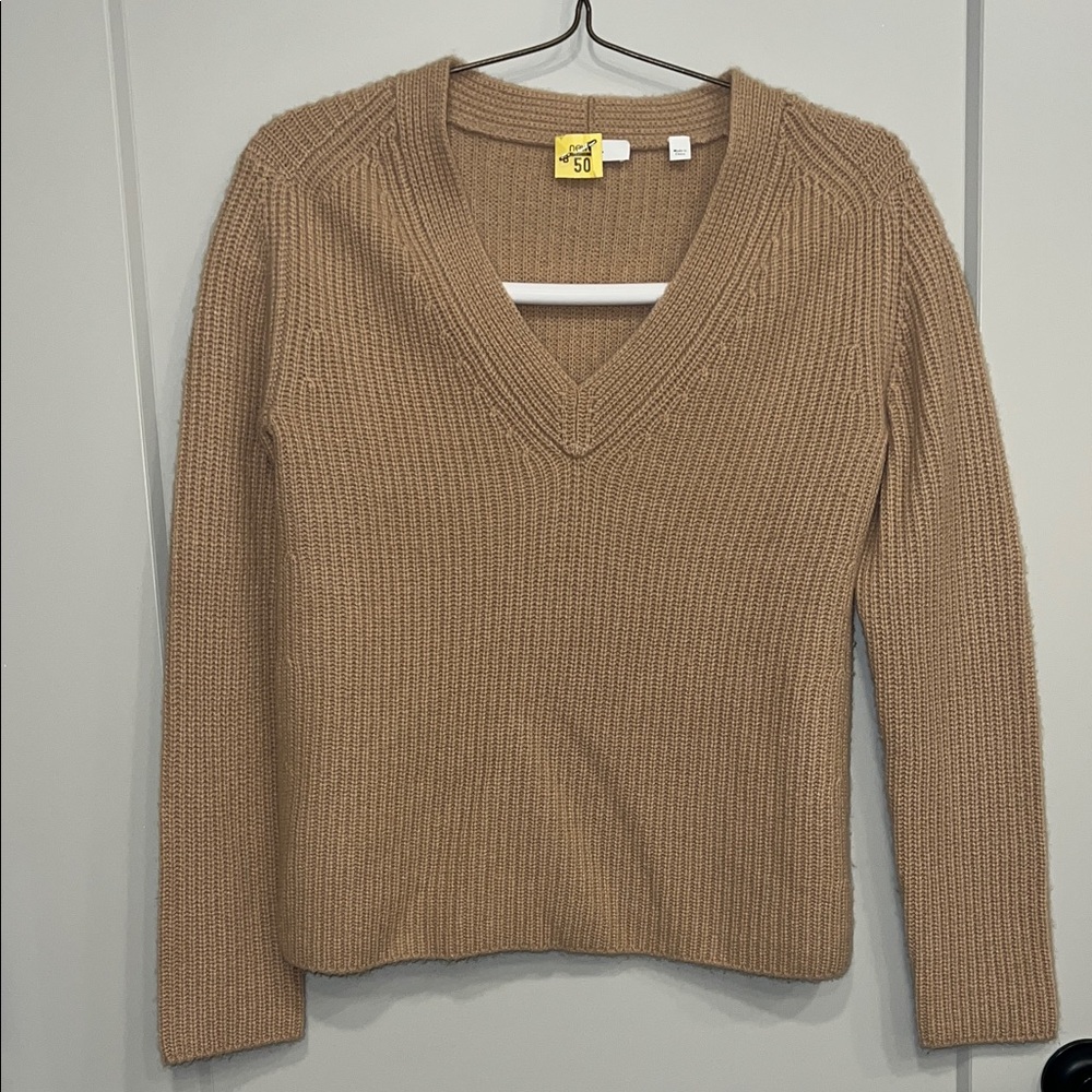 Vince XS V-Neck Ribbed Sweater Camel Cashmere